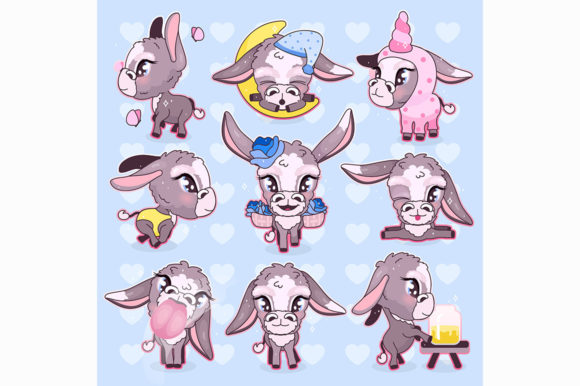 Cute Donkey Kawaii Cartoon Vector ыуе Graphics and Illustrations
