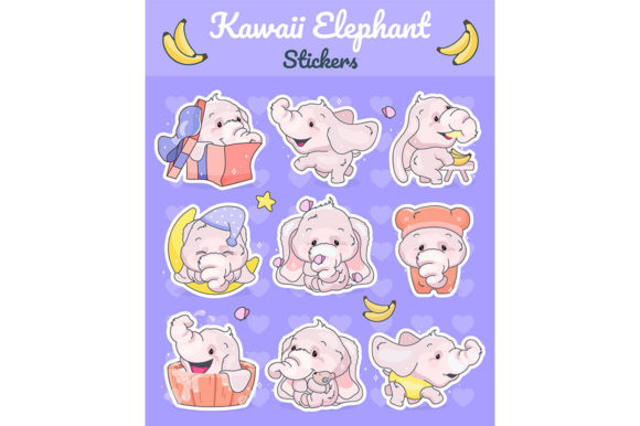 Cute Elephants Kawaii Cartoon Characters for Graphics & Graphic Templates