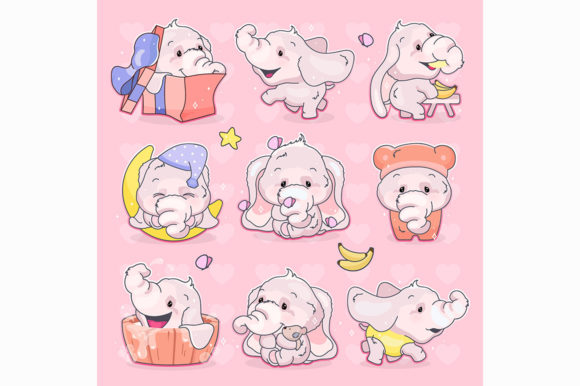 Cute Elephants Kawaii Cartoon Vector Set for Graphics and Illustrations