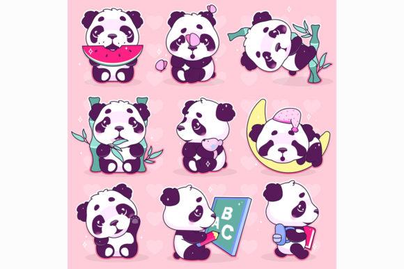 Cute Panda Kawaii Cartoon Characters Set Graphics Review