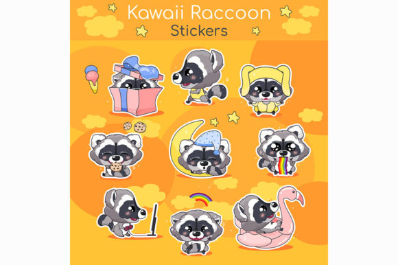 Cute Raccoon Kawaii Cartoon Vector Set for Graphics and Illustrations